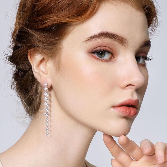 Sterling Silver Dangle Earrings Cubic Zirconia Long Drop Women Jewelry - Picture 3 of 6